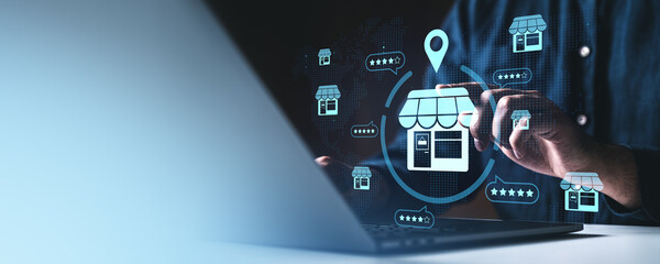 Franchise network and online store rating concept with digital interface icons.