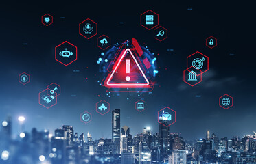 Cybersecurity alert symbol with digital icons over modern city skyline at night.