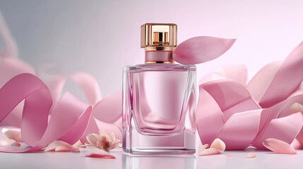 perfume bottle and pink ribbons background