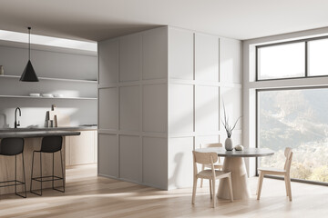 Modern minimalist kitchen and dining interior with natural light, wood accents, and sleek furniture in a bright open-concept home layout. 3D Rendering