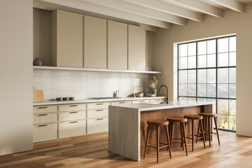 Modern beige kitchen interior with minimalist cabinets, large island, wooden stools and panoramic window in warm natural tones and bright daylight. 3D Rendering