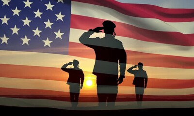 Silhouetted Soldiers Saluting at Sunset with American Flag Overlay - Powered by Adobe