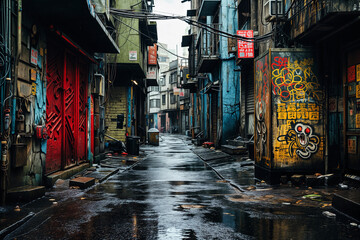 Deserted urban alley in East Asian city with graffiti, closed shops, and wet pavement. Gritty cinematic street scene after rain showcasing urban decay and street culture.