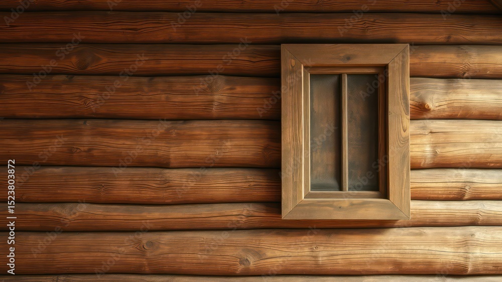 Aufkleber rustic wooden cabin wall displaying a window frame and textured logs creating a cozy atmosphere