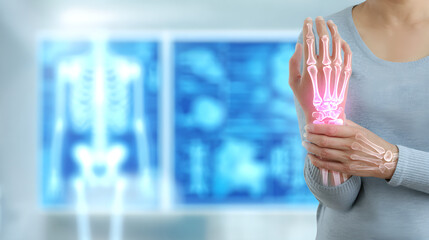 Middle aged woman holding painful joints suffering from chronic illness, arthritis or autoimmune disease. Healthcare, medical condition, patient pain and discomfort concept.