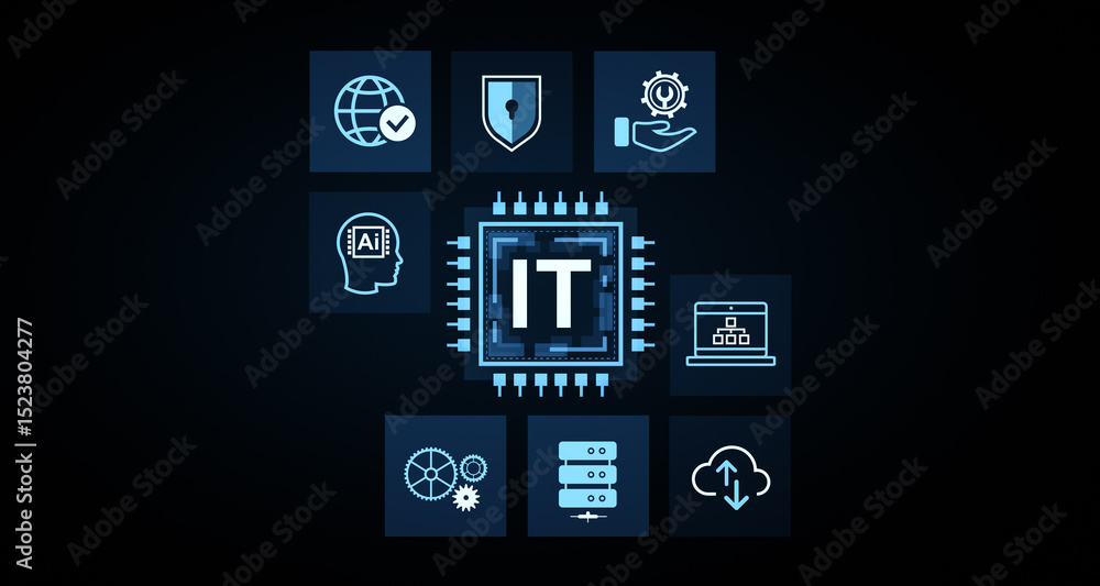 Poster information technology concept with digital icons of cybersecurity, cloud computing, ai, and data ma
