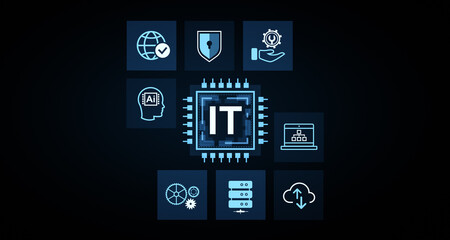 Information technology concept with digital icons of cybersecurity, cloud computing, AI, and data management on futuristic dark background. 3D Rendering