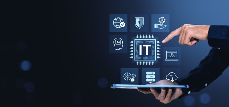 IT technology icons with hand interacting on digital tablet over dark blue background.