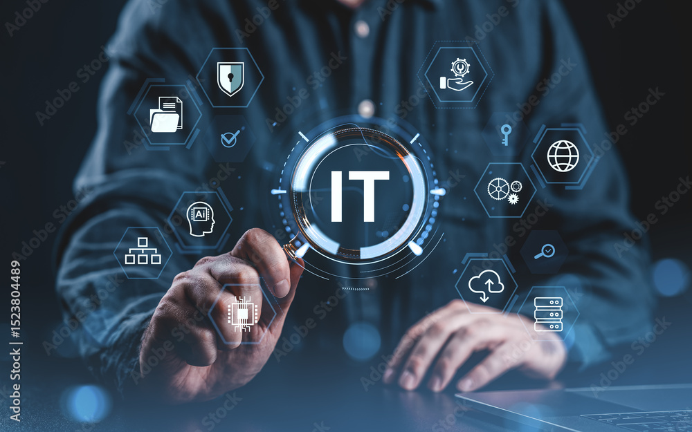 Poster businessman interacts with it icons interface on virtual futuristic screen..
