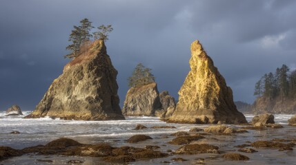 Dramatic coastal landscape with scattered dark-brown rocks on wet sand, gentle waves creating frothy white surf, rugged textured rock formations in mid-ground, topped with sturdy evergreen trees, dens