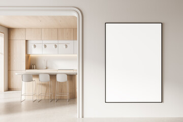 Modern kitchen interior with blank poster mockup on light wall near minimalist breakfast bar with stools and wooden cabinets. 3D Rendering