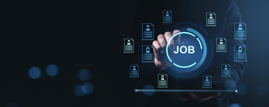 Digital recruitment interface with resumes and job search icon on dark background. - Powered by Adobe