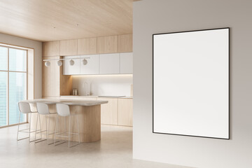 Modern kitchen interior with large framed blank poster on wall near island counter with stools and wood cabinets in minimal clean layout concept. 3D Rendering