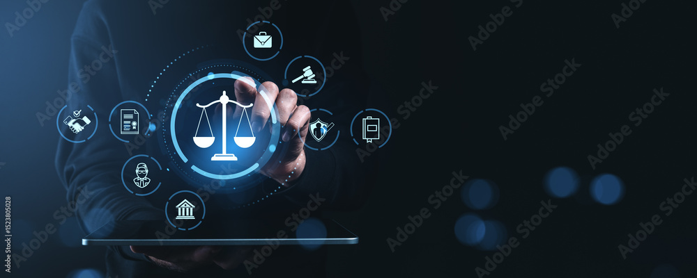 Poster digital justice icons around scale symbol on touchscreen interface concept..