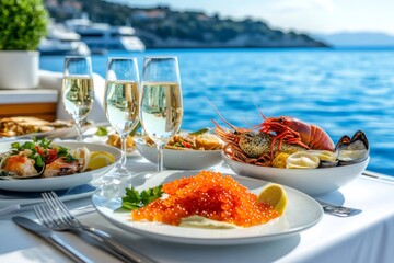 Luxurious seafood lunch with champagne on a yacht in the mediterranean sea