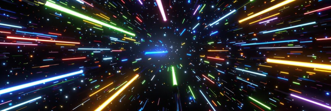 Thousand of light neon lamp sticks lit scattered around this image in this colors blue green red yellow and purple star highly detailed black background.