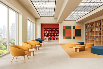 Modern library interior with colorful seating, large bookshelves, and panoramic city view through tall windows. Contemporary open reading space design. 3D Rendering