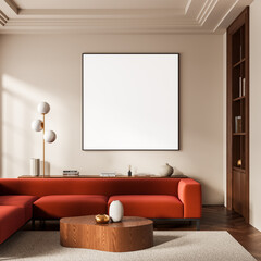 Modern interior with red sofa and minimalist decor in cozy living room featuring blank frame and natural lighting on beige background. 3D Rendering