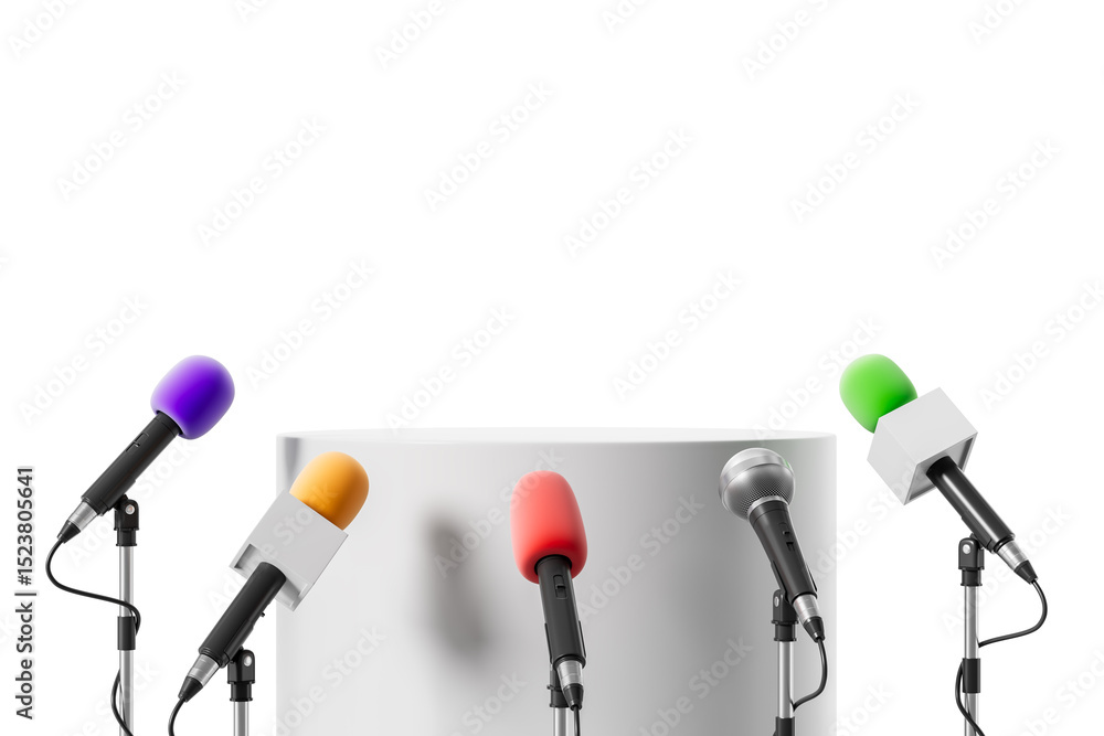 Poster colorful microphones on stands arranged in front of a white podium on isolated background representi
