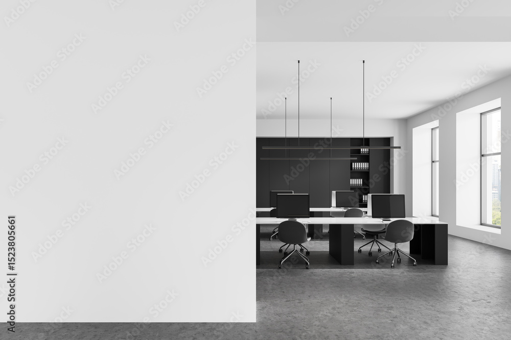 Aufkleber modern office interior with blank wall for poster mockup, clean workspace layout with computers and 