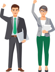 Successful Business Team Celebrating Man and Woman with Documents and Raised Arms Vector Illustration