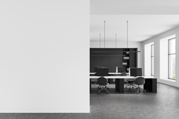 Modern office interior with blank wall for poster mockup, clean workspace layout with computers and large windows in bright minimal design. 3D Rendering