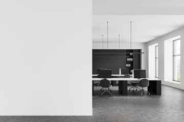 Fototapete Modern office interior with blank wall for poster mockup, clean workspace layout with computers and large windows in bright minimal design. 3D Rendering © ImageFlow