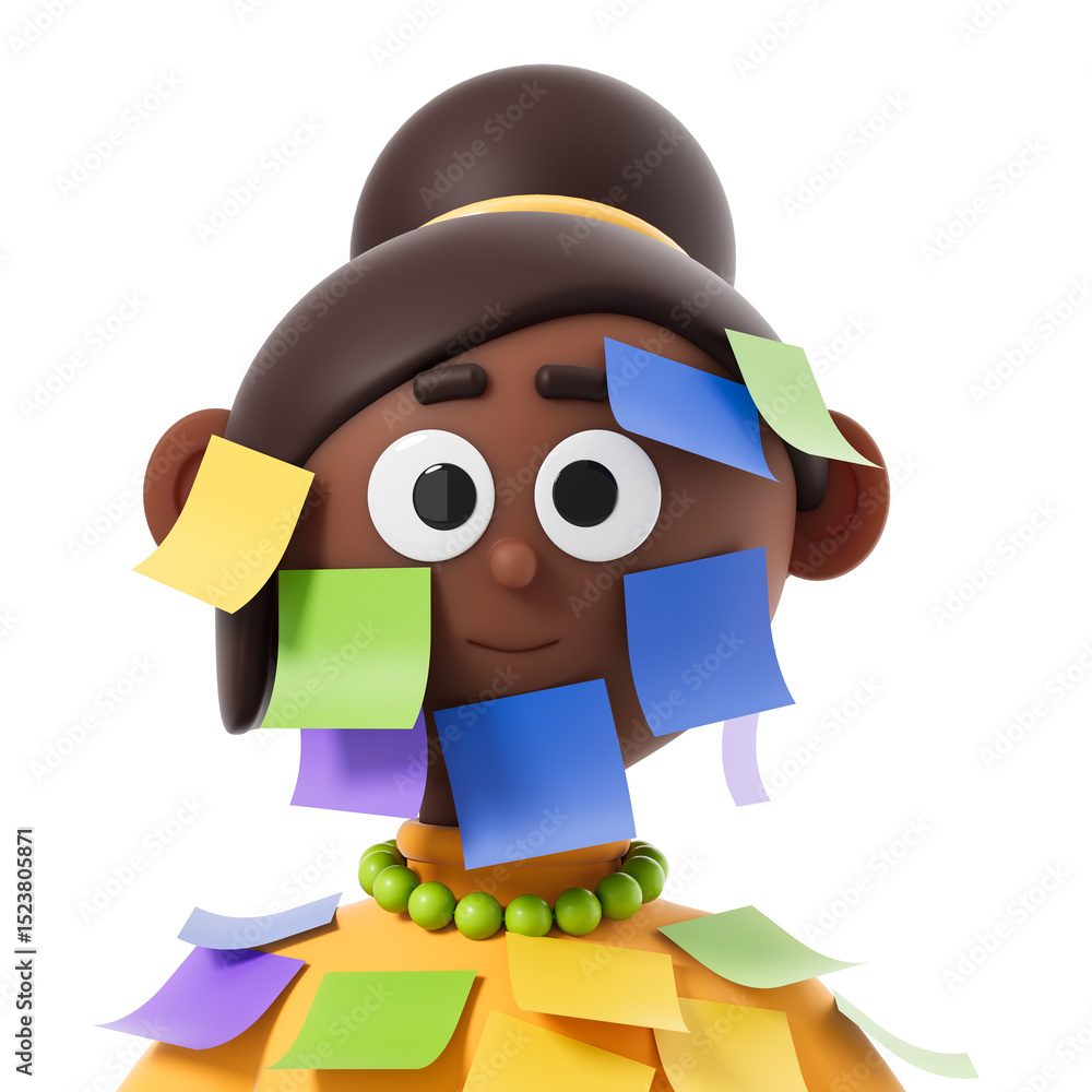 Poster cartoon woman covered in colorful sticky notes for reminder or task overload concept on white backgr