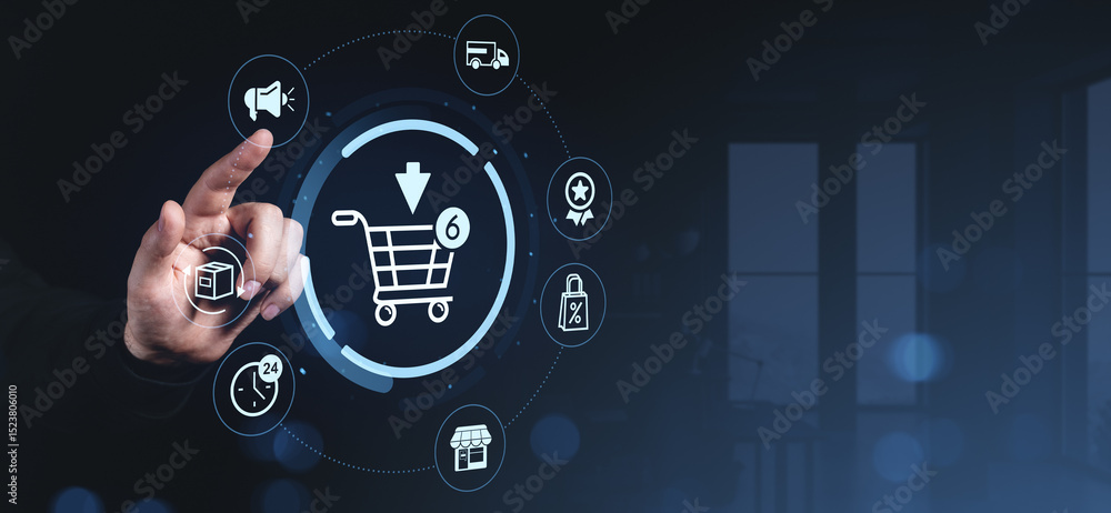 Poster hand interacting with shopping cart interface and e-commerce icons in digital screen.