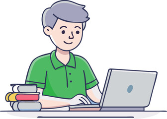 Cartoon Man Working on Laptop with Books Studying Remote Work Illustration