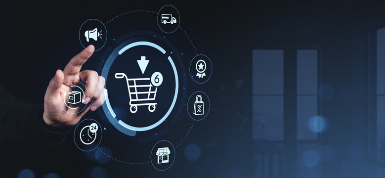 Hand interacting with shopping cart interface and e-commerce icons in digital screen. - Powered by Adobe