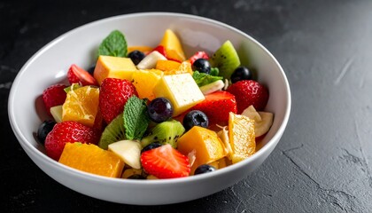 Fruit salad at blow simple garnish with dark background at the top table
