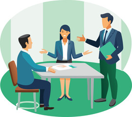 Business Meeting with Three People Discussing Documents and Ideas in a Modern Office Space