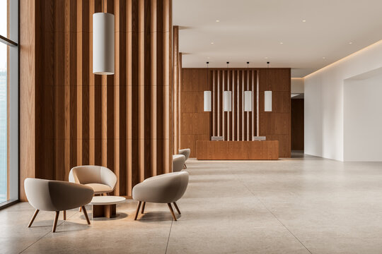 Modern hotel lobby interior with wooden panel walls, beige armchairs, pendant lights, and a minimalist reception desk in warm neutral tones. 3D Rendering