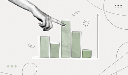 Trendy Halftone Collage Business and investment growth concept. Hand and market statistics chart. Finance business data graph. Trending upwards. Contemporary vector illustration art
