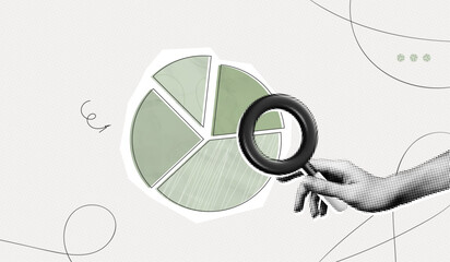 Trendy Halftone Collage Hand with Magnifying glass and pieces of pie chart. Business data and market share concept. Circular diagram parts. Finance graph. Contemporary vector illustration art