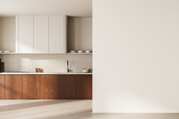 Modern kitchen interior with wooden cabinets and blank wall space for poster or design mockup on a neutral background. 3D Rendering. 3D Rendering