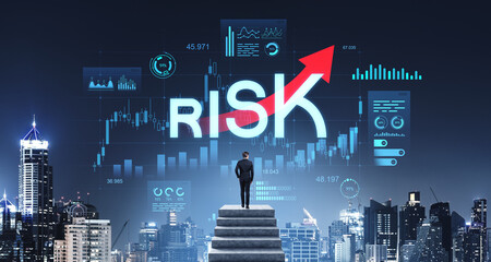 Businessman facing financial risk with forex charts and rising r