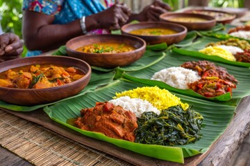 Chefs preparing traditional zanzibar food on banana leaves