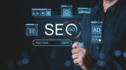 SEO search engine optimization concept with digital business icons and magnifying glass.