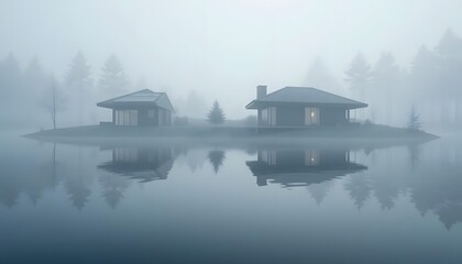 Fototapeta premium Houses on foggy lake with reflections serene misty landscape