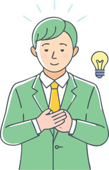 Fototapeta premium Cartoon Businessman with Idea Lightbulb and Green Suit Illustration