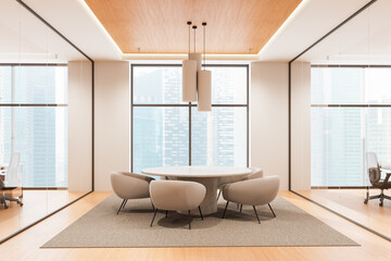 Modern office interior with round table and beige armchairs in glass-walled meeting room with city view and wooden ceiling design. 3D Rendering