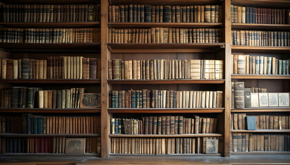 Large wooden library wall with bookshelves filled with old books