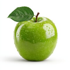 Green apple with leaf on stem, isolated on white background
