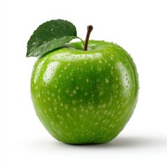 Green apple with leaf on stem, isolated on white background