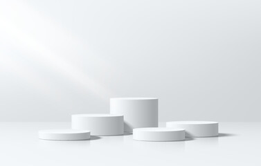 Fototapeta na wymiar Realistic white 3D cylindrical product podium background in white empty clean wall scene.