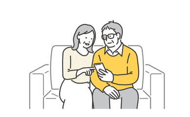 ソファに座って携帯を操作するシニア夫婦のイラスト素材