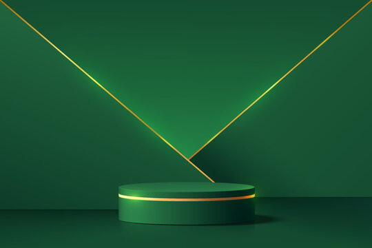 Dark green and gold 3D cylindrical pedestal podium with triangle overlap background. Luxury minimalist wall scene for product stage showcase, Promotion display. Abstract studio room geometric forms.