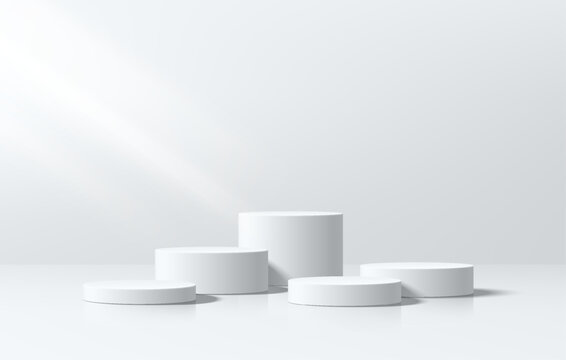 Realistic white 3D cylindrical product podium background in white empty clean wall scene.